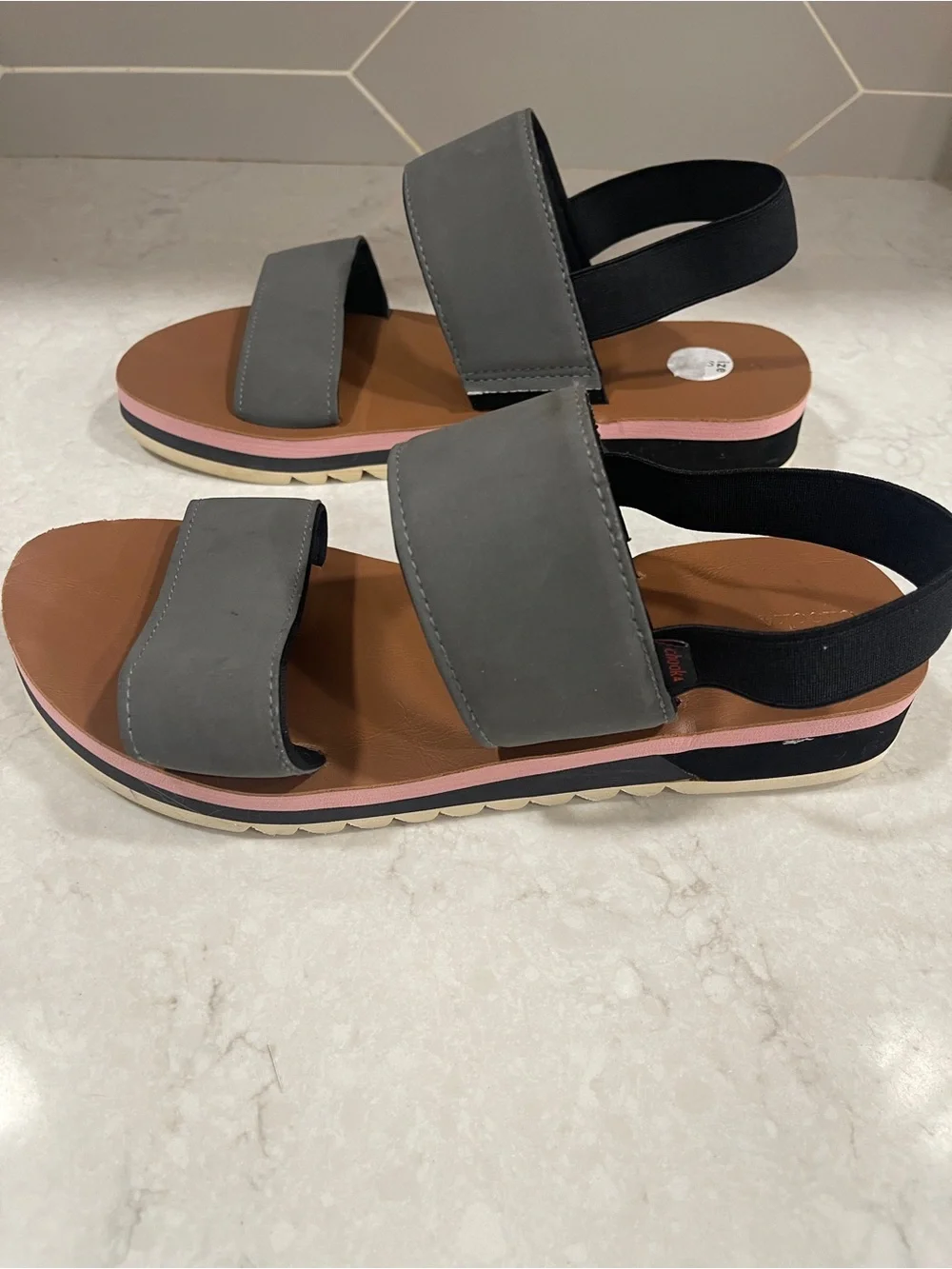 chooka Gray Green and Brown Two-Strap Slingback Sandals, Boho, Soft, Summer - Picture 2 of 5